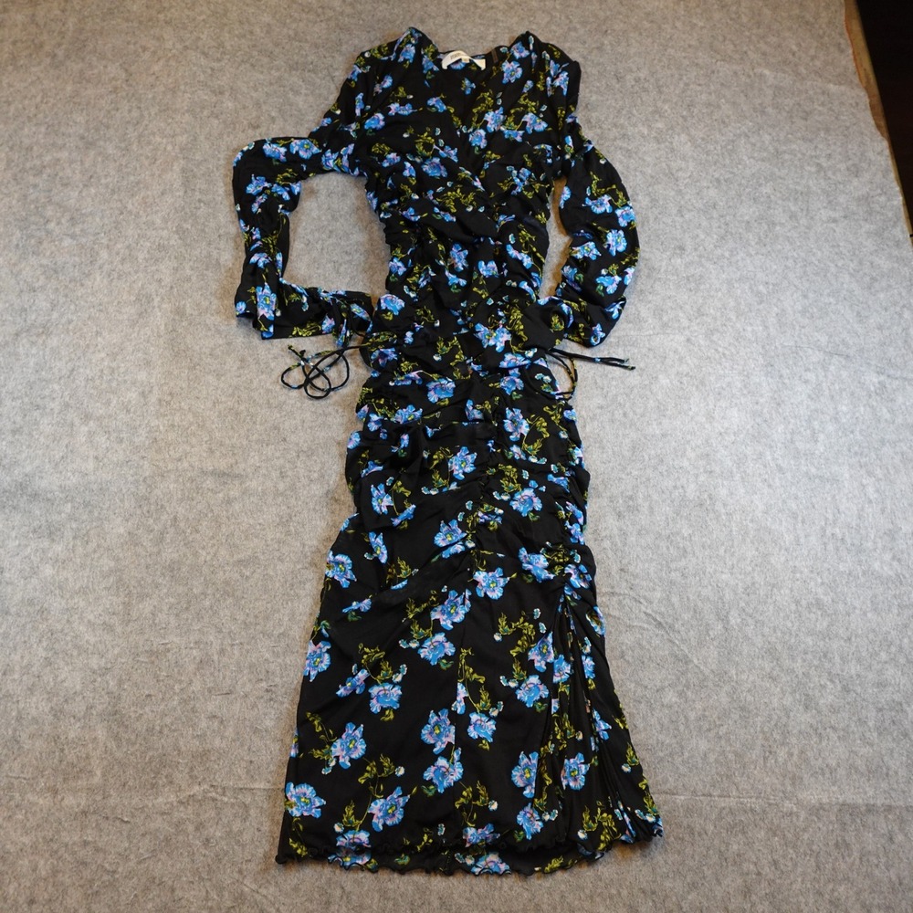 Diane von Furstenberg Dress Women Large Black Floral Rochelle Midi Mesh Ruched - Picture 2 of 11